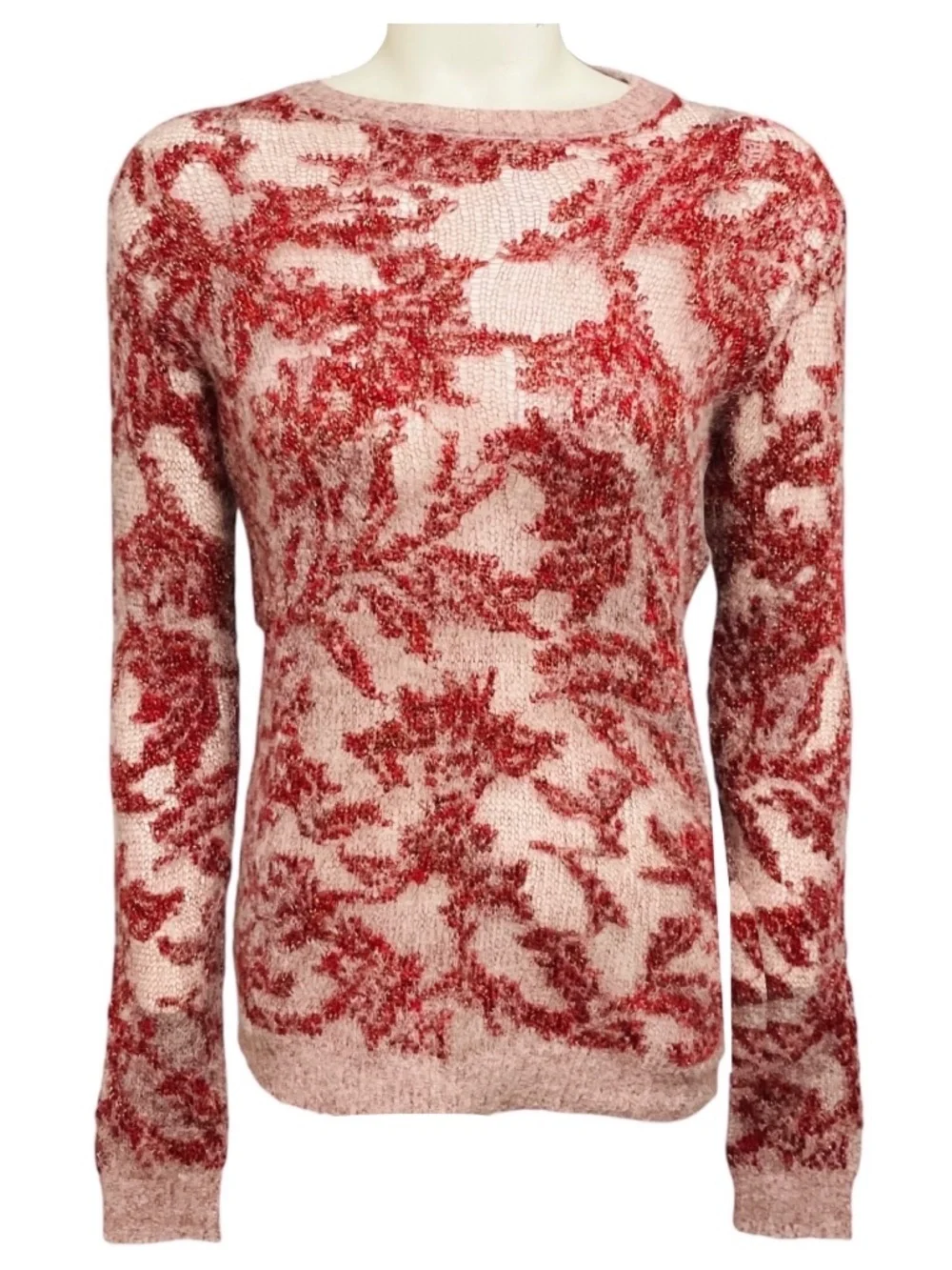 CHRISTIAN DIOR RED / PINK / GOLD METALLIC KNIT SWEATER WITH CD LOGO BEE EMBROIDE